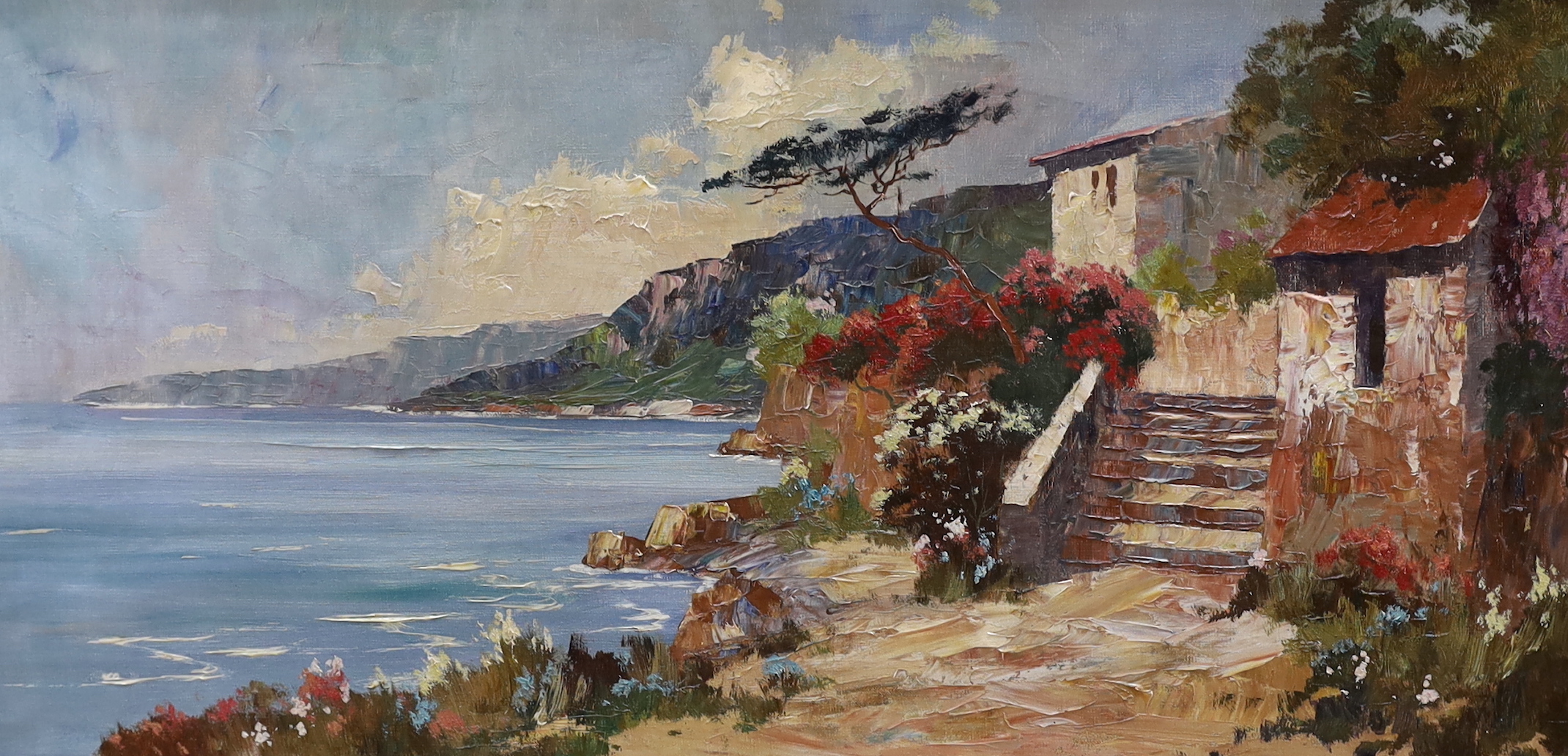 Continental School, impasto oil on canvas, Coastal scene with villas, 79 x 39cm